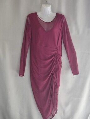 bebe Magenta Long-Sleeve Ruched Mesh Midi Dress–CG–RB–01
